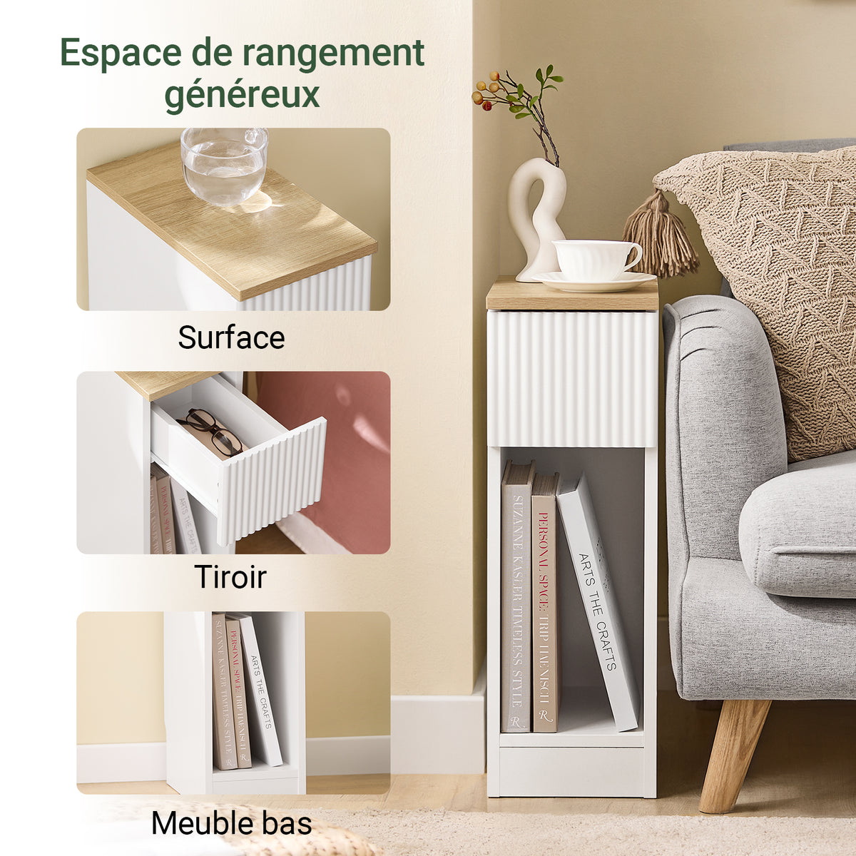 Lot De 2 Tables De Chevet/Table De Chevet Table à 3 Niveaux D'Appoint Avec Étagères De Rangement Table De Nuit Étroite Gris