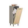 SoBuy BZR132-NG Meuble salle de bain avec panier à linge rabattable Armoire de salle de bain étroite avec pieds en métal & panier à linge amovible – Meuble buanderie en bois, Gris Naturel 31,5x86x30cm