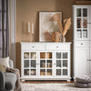 SoBuy FSB77-W Buffet Bas, Commode Armoire de Rangement, Placard de Cuisine, 3 Portes Vitrées, 2 Tiroirs