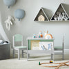 SoBuy KMB88-HG Ensemble Table Enfant avec 2 Chaises Enfants, Bureau Enfant avec 2 étagères à Livres latérales, Gris Clair et Vert Clair