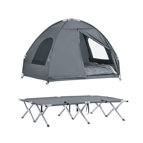 SoBuy OGS32-L-HG 4-in-1! Lit Pliant Lit de Camp Pliable Voyage Camping avec Toit, Sac de Couchage, Matelas Gonflable