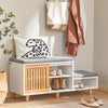 SoBuy FSR125-WN Banc de Rangement Banc à Chaussures avec Coussins Rembourrés Meuble Bas Entrée sur Pieds avec 1 Porte Coulissante et 3 Compartiments pour Entrée, Salon, Chambre à Coucher 101x35x46 cm