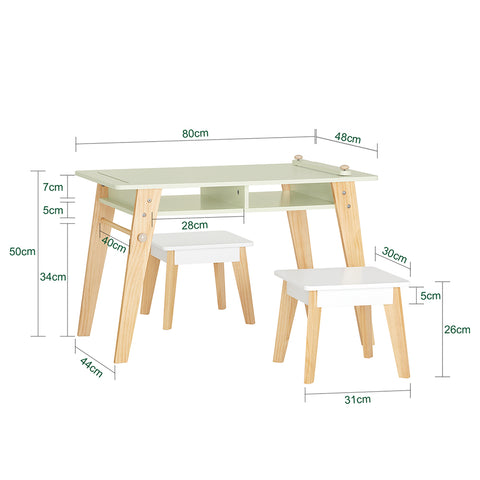 SoBuy KMB92-GR Ensemble Table d’Enfant + 2 Tabourets, Set de 3 Pièces Table à Dessin avec 1 Porte-Rouleau de Papier et 2 Compartiments Ouverts