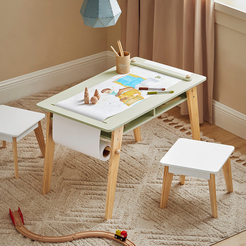 SoBuy KMB92-GR Ensemble Table d’Enfant + 2 Tabourets, Set de 3 Pièces Table à Dessin avec 1 Porte-Rouleau de Papier et 2 Compartiments Ouverts