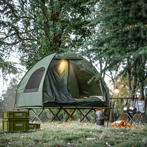 SoBuy OGS32-GR 4-in-1! Lit Pliant Lit de Camp Pliable Voyage Camping avec Toit, Sac de Couchage, Matelas Gonflable